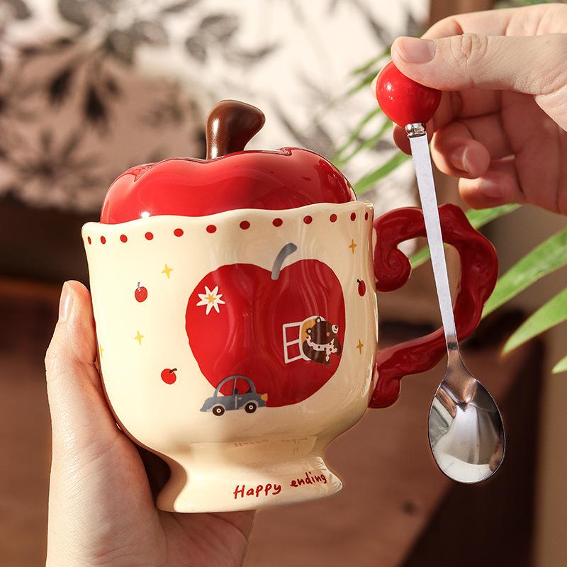 Birthday Gift for Girls, Christmas Apple Ceramic Mug, Couple Water Cup with Lid, Girlfriend's Souvenir Gift Box.