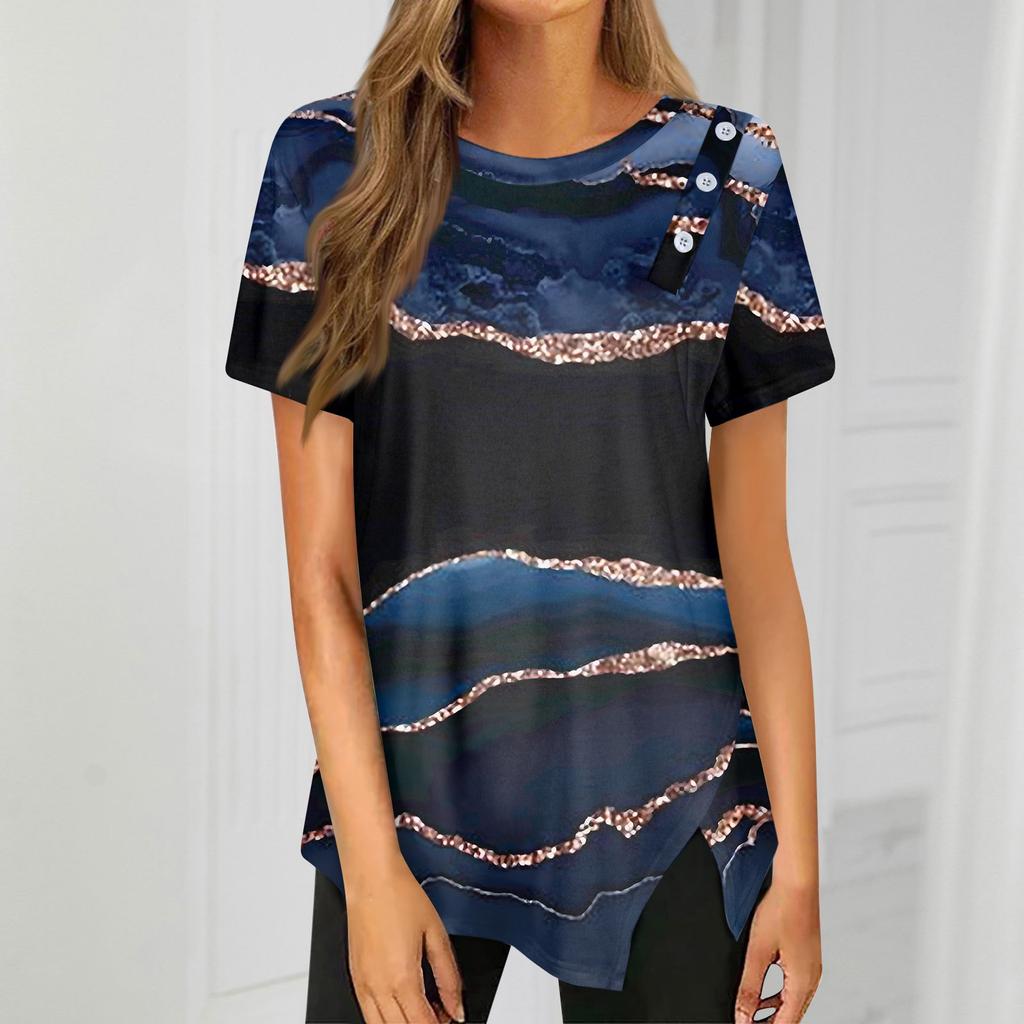 T-skjorte med knappedetalj og kurvet kant, korte ermer, rund hals, avslappet topp, dameklær