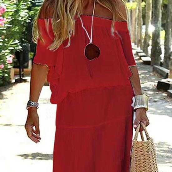 Casual Dress Off Shoulder Short Sleeve Elastic Waist Women Dress Solid Color Loose Cut