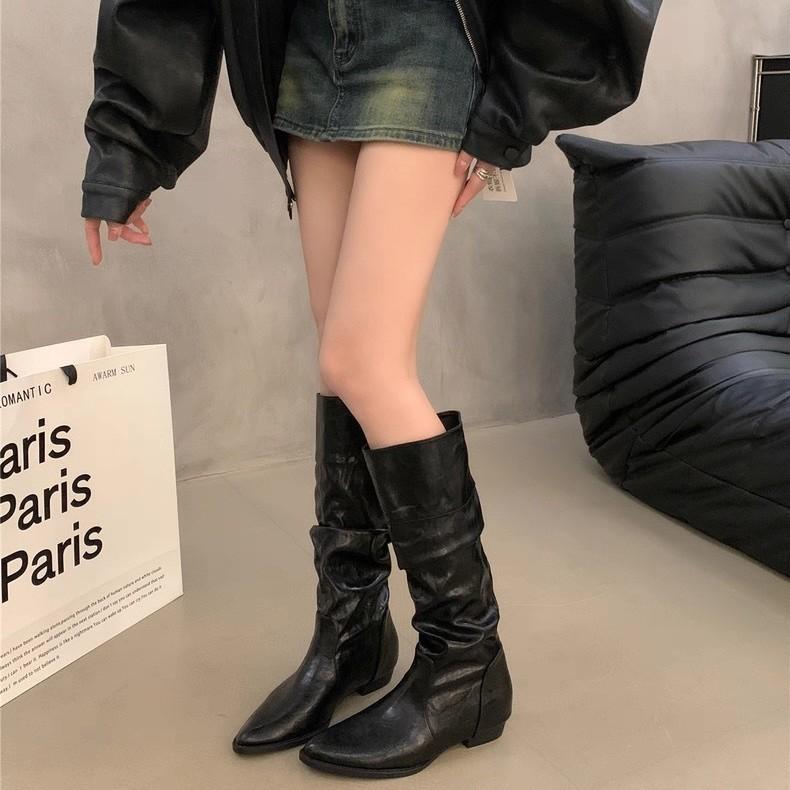 

2025 new autumn and winter stacking boots women s inner height increase high boots but knee boots small square head versatile knight boots 40