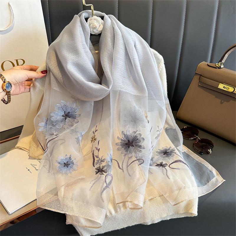 Luxury Silk Shawl Scarf For Women Design Embroidery Flowers Hijab Wraps Bufandas Female Headkerchief Fouloud Echarpe
