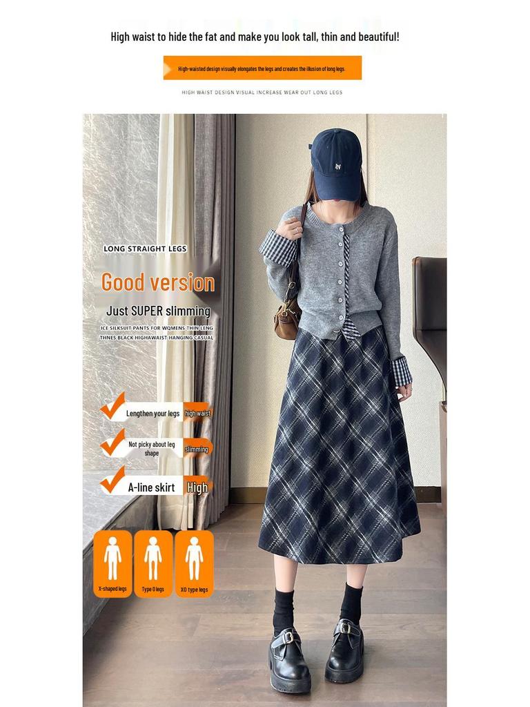 New Autumn/Winter Plus-Size Plaid Wool A-Line Midi Skirt for Women with Slimming Wide Hem