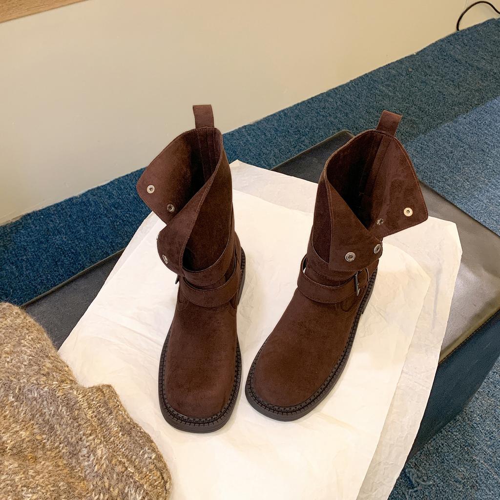 Height increase.cm~ Maillard thick heel thick bottom buckle strap suede high heel short boots women's autumn Martin boots