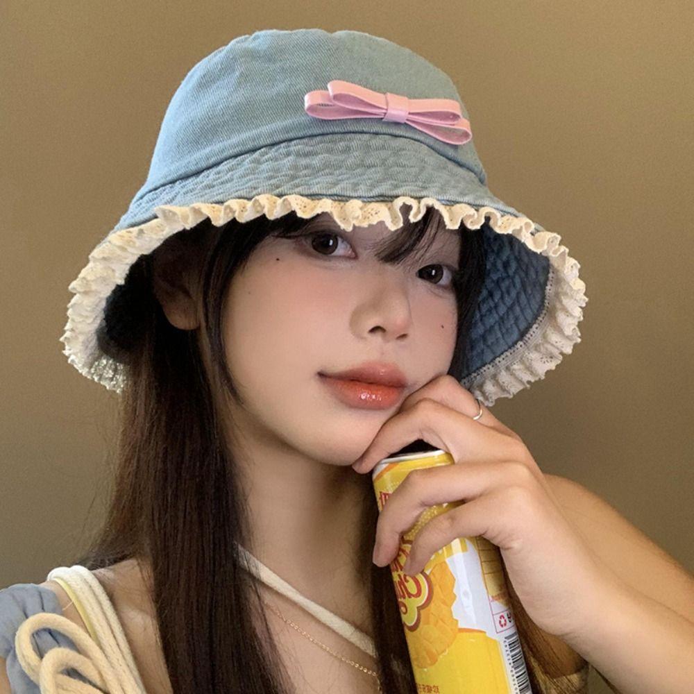 Denim Fischerhut mit breiter Krempe Y2K Schleife Sonnenschutzhut Mode Spitze Fischerhut Klettern