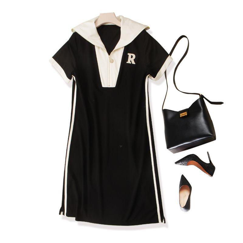 

I like It at First Glance! Easy to Wear Shawl Color Effect Collar Front Zipper Short Sleeve ICE Cotton A- line White Stripe Dress Summer Black XL