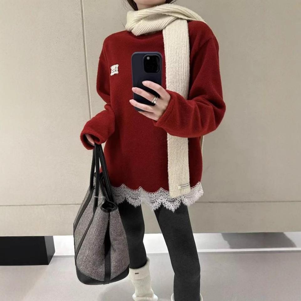 Korean Style Lace Patchwork Loose Sweater - Women's 2025 Winter Collection