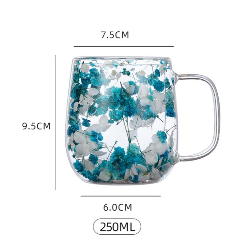 250ml Double-Walled Glass Cup with Handle High Borosilicate Reusable Coffee Mug, Built-In Floral Design for Hot & Cold Beverages
