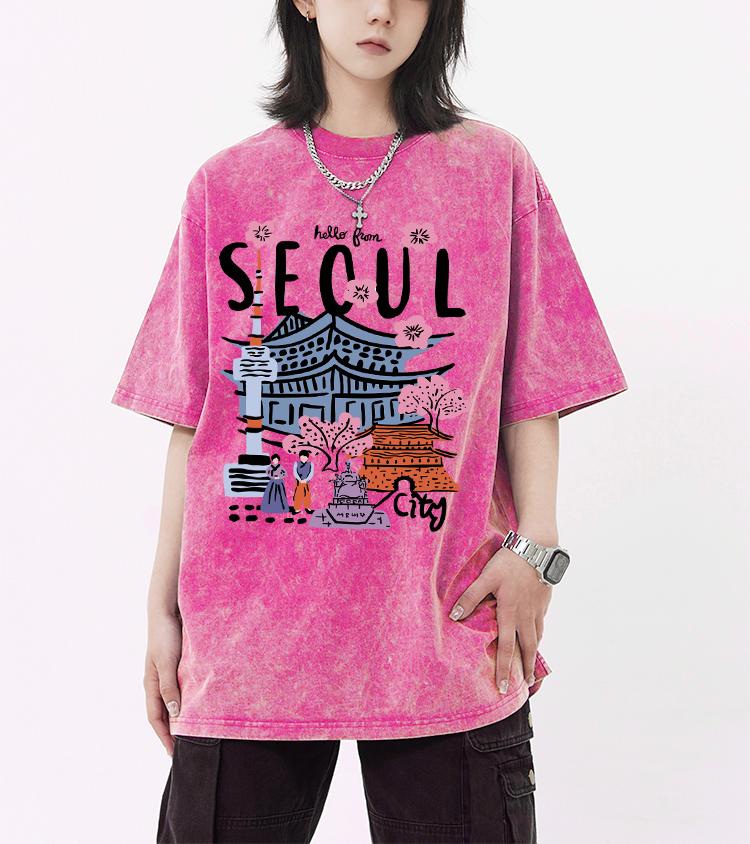 Seoul Schöne Landschaft Bedrucktes Gewaschenes T-Shirt Damen Atmungsaktiv Neue Baumwolle Cooles T-Shirt Sommer Snow Wash Kleidung Unisex