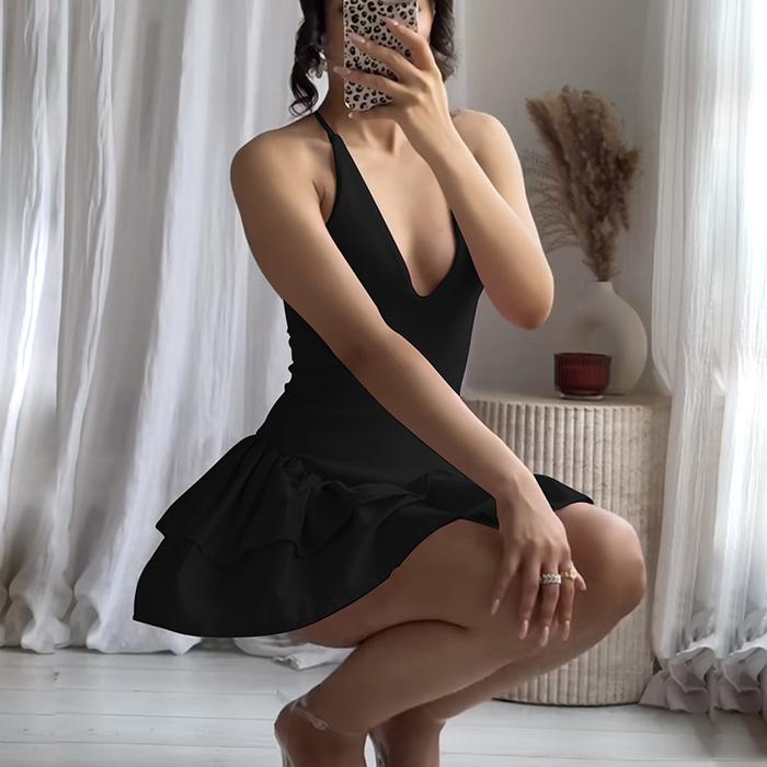 Women Evening Party Spaghetti Strap Solid Color Backless Sexy Deep V Neck Mini Pleated Dress