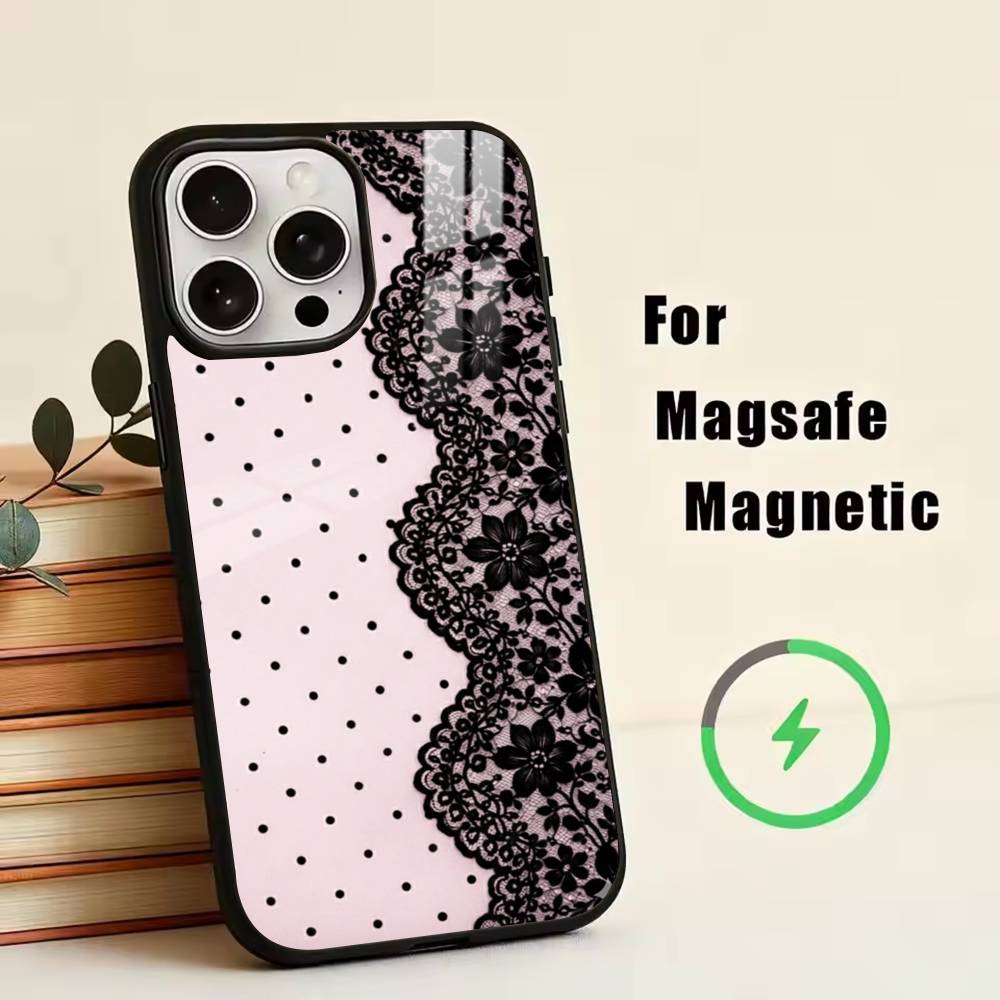 Elegant black lace print design Phone Case For iPhone17,16,15,14,13,12,11 Plus,Pro Magnetic For Magsafe Wireless Charging