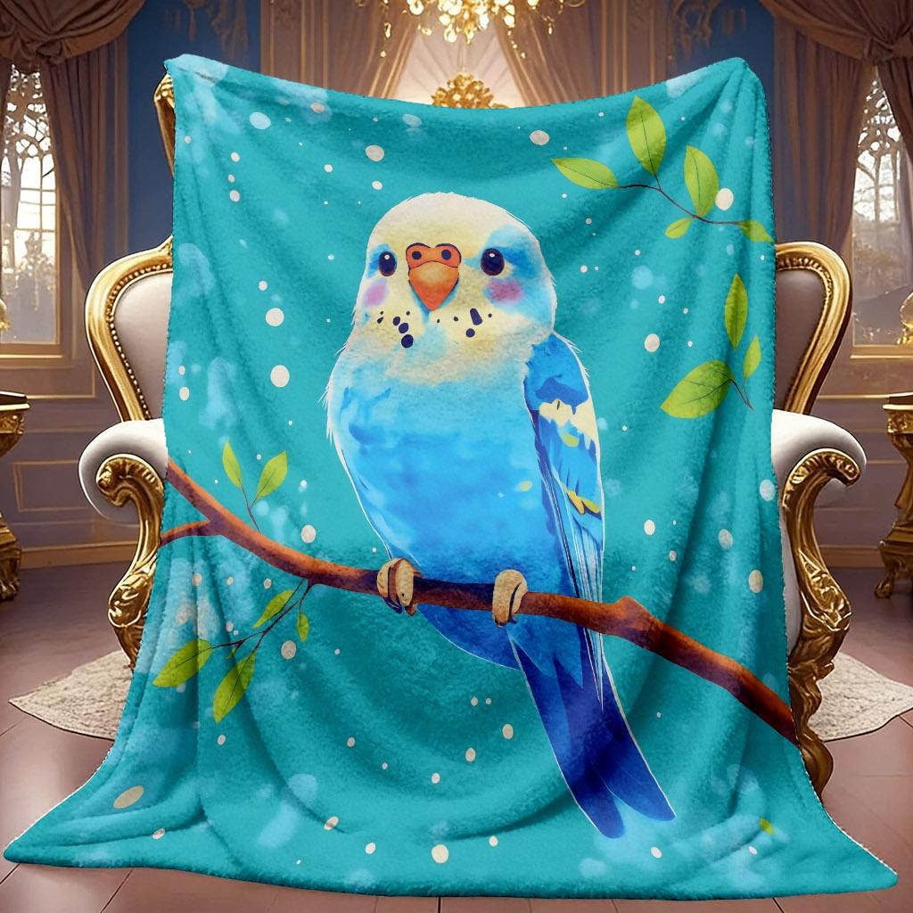 A 2D Flannel Blanket Featuring an Adorable Blue Parrot on a Branch Pattern, with Soft High-definition Digital Printing for a Cooling Effect, Suitable