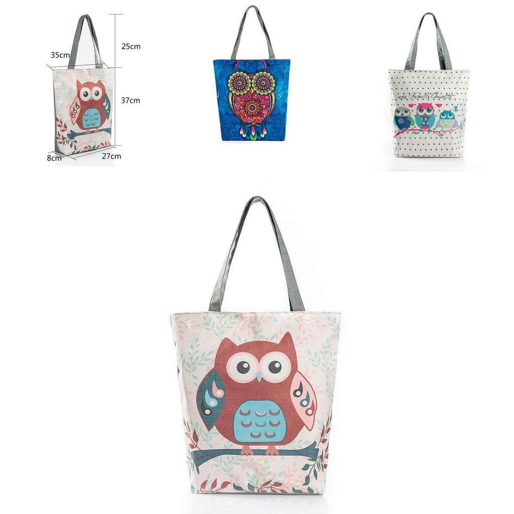 Stylish Women's Canvas Tote Shoulder Handbag Featuring Owl Design For Travel And Shopping