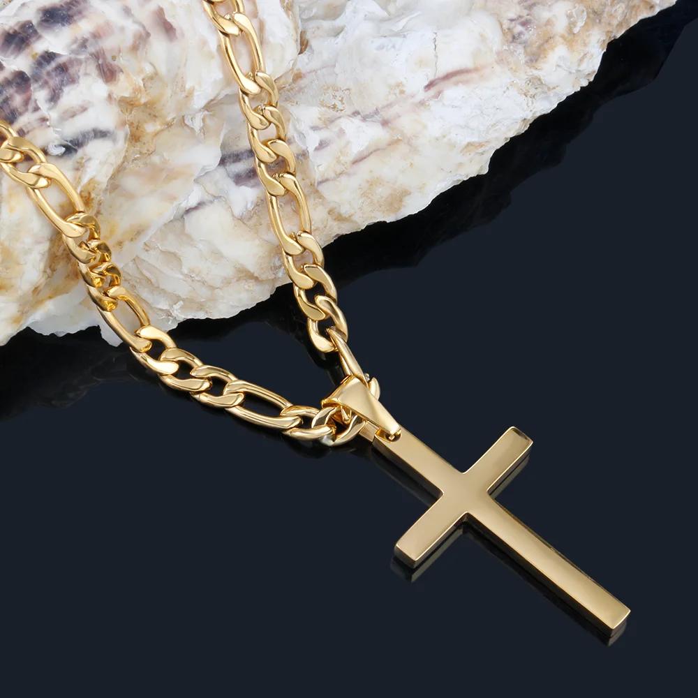 316L Stainless Steel Figaro Chain Necklace for Men Women Gold/ Silver Color Cross Pendant Waterproof Necklaces Fashion Jewelry