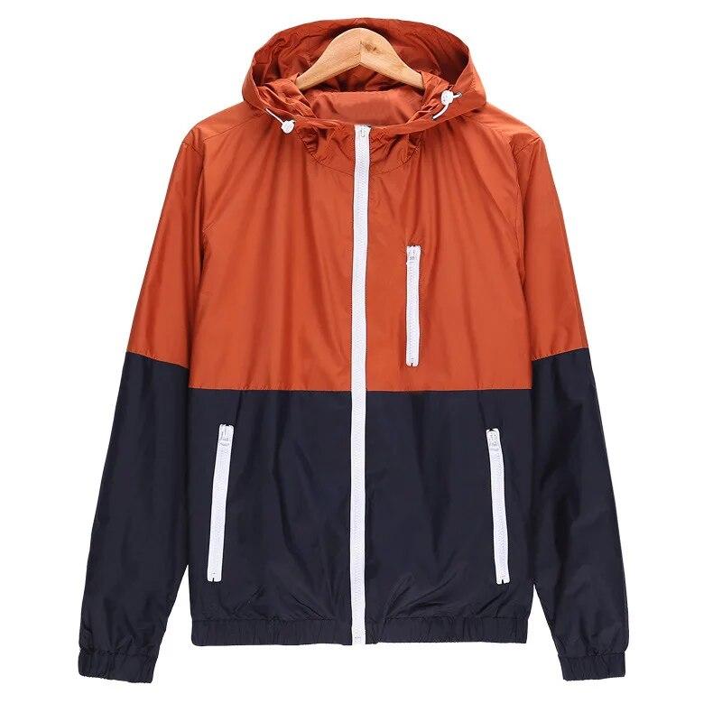 Mens Casual Spring Lightweight Jacket Hooded Clashing Zipper Jacket