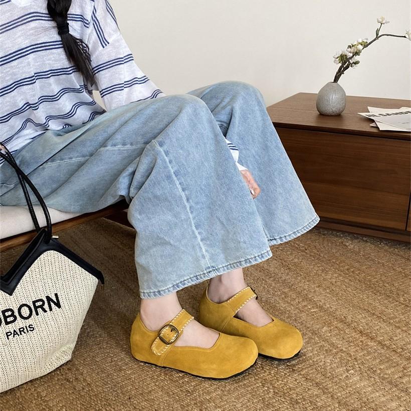 Echtes Rindsleder Mary Jane Schuhe mit runder Spitze Retro Boken Schuhe 2025 Einwort mit flachem Boden Taschenkopf Einzelne Schuhe Damen