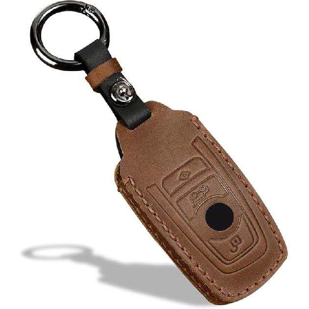 OLLEN  Leather No Screws Key Fob Cover Fit for BMW 5 6 7 Series X1 X2 X3 X5 X6 GT Series etc, Blade Shape, Brown