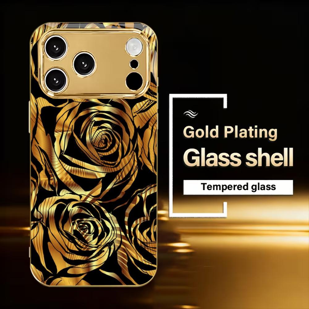 Luxury Black & Gold Rose mobile phones Glass phone case for iphone 17 pro max cover for iPhone 17 16 15 14 13 12 11pm Pro Plus