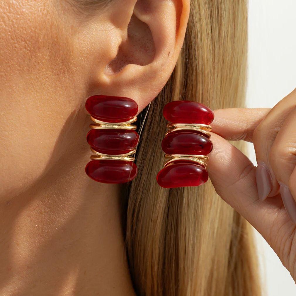 SHIXIN Creative Red Resin Acrylic Stud Earrings for Women Vintage Elliptical Geometric Piercing Earrings New Year Party Jewelry