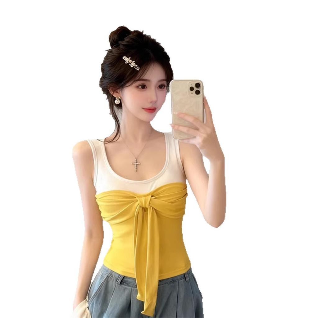 Summer contrasting colors, slim fit and thin inside, sleeveless top with chest pad, French bow lace-up, age-reducing suspender vest