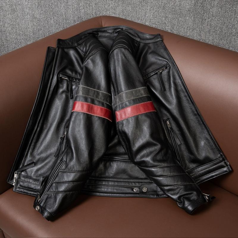Men Genuine Leather Motorcycle Jacket with Removable Armor Stand Collar Biker Coat for Spring Autumn Riding