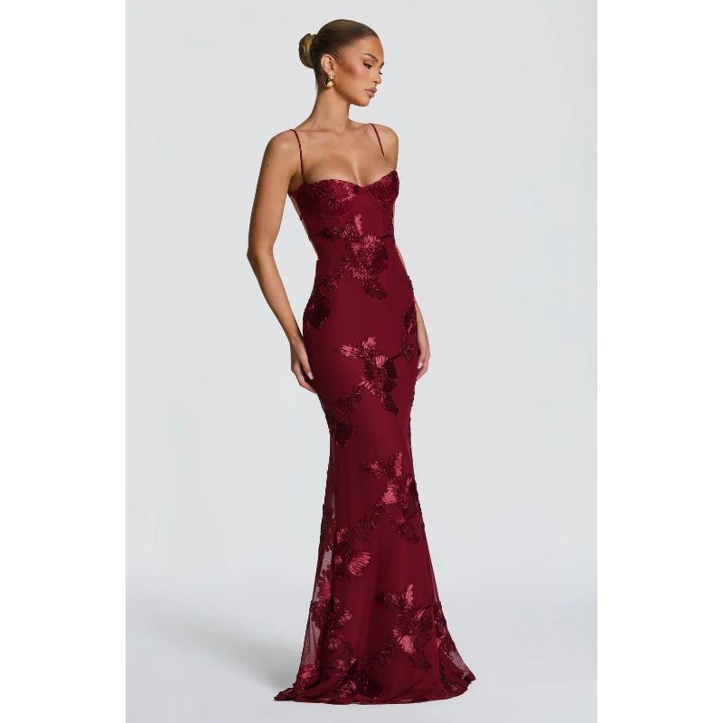 Abito da sera lungo da donna in stile francese, vestibilità aderente, con spalline sottili, schiena scoperta, tinta unita, con decorazione floreale