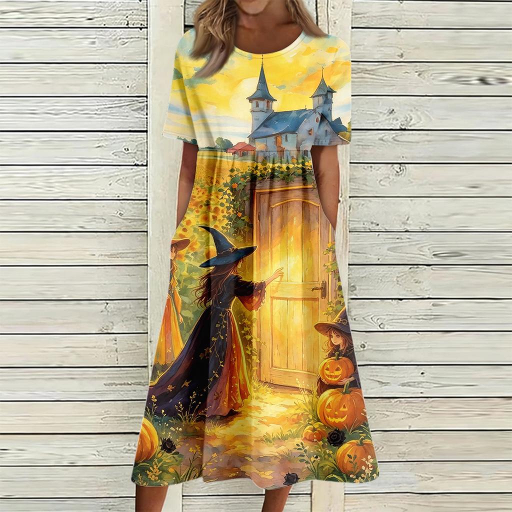 Women's Casual Round Neck Dress with Halloween Print and Pockets