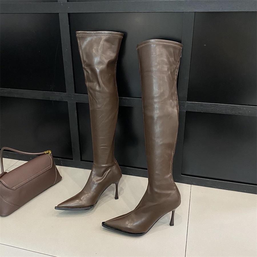 

Остроносые ботфорты на тонком каблуке в европейском и американском стиле, эластичные сапоги, женские, 2025, осень-зима, новые, сексуальные, в стиле Spice Girls, на высоком каблуке, fa 40 коричневый