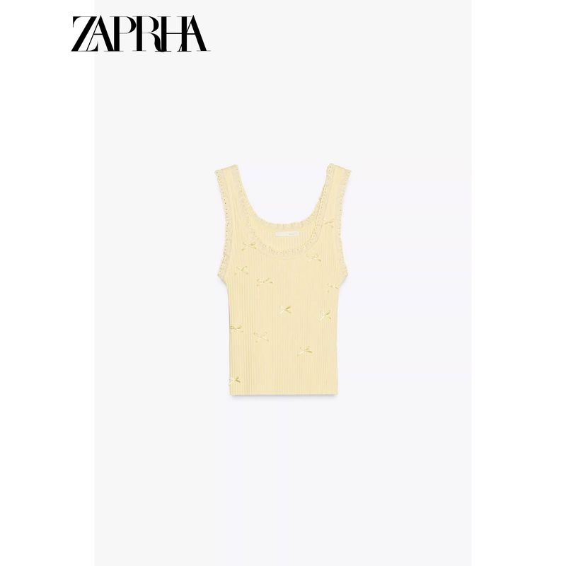 Zaprha 2025 New Arrival Sexy Silm Sleeveless Cotton Lace Bowknot Decoration Rib T-shirt Female 0858317