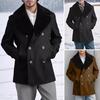 Men Woolen Coat Lapel Long Sleeve Double-Breasted Jacket Coat with Plush Edges Solid Color Pockets Winter Overcoat