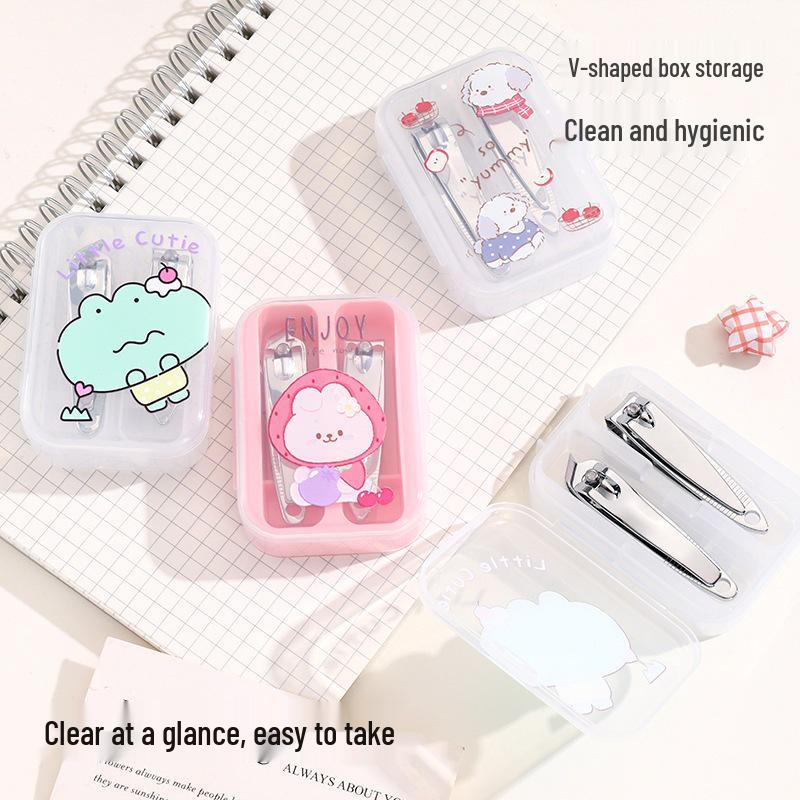 Cartoon Print Nail Clipper Set: Stainless Steel, Curved & Angled Edges for Manicure & Pedicure.