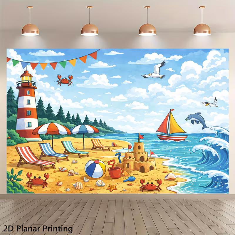 2D Summer Beach Scene with Crab & Dolphin Photoshoot Background