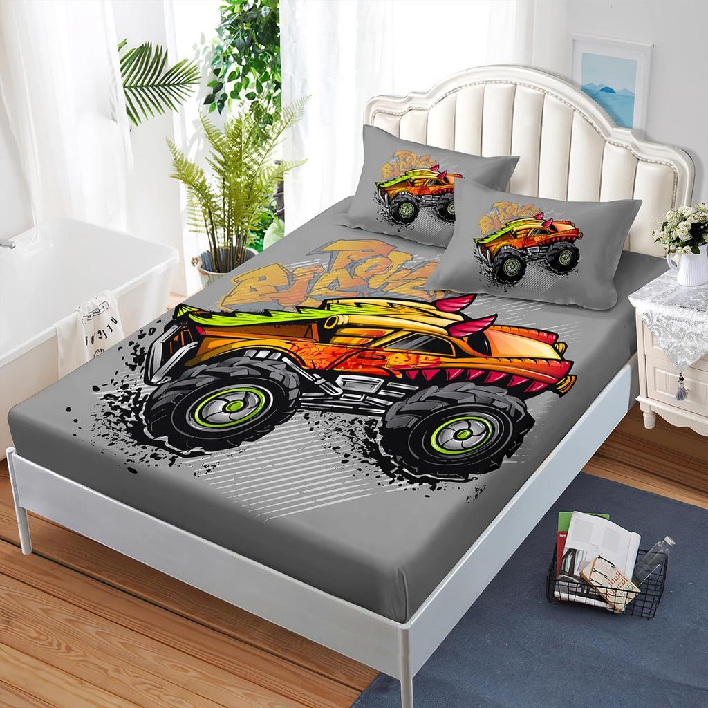 Set Cearceaf cu Elastic Camion Desen Animat, Set Cearceaf pentru Copii Camion Monstru pentru Decor Cameră pentru Băieți Adolescenți, 1 Cearceaf cu Elastic și 1/2 Față de Pernă