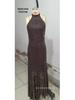 2026 Off-Shoulder Spaghetti Strap Sequined Backless Halter Long Dress - Elegant Solid Color