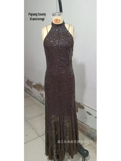2026 Off-Shoulder Spaghetti Strap Sequined Backless Halter Long Dress - Elegant Solid Color Medium