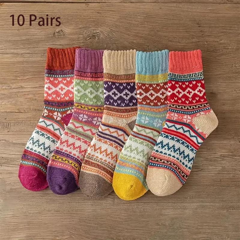 5/10 Pairs Women Striped Pattern Wool Socks Warm Winter Mid Length Socks Ultra Thick Harajuku Women S Antifreeze Cashmere Socks One Size
