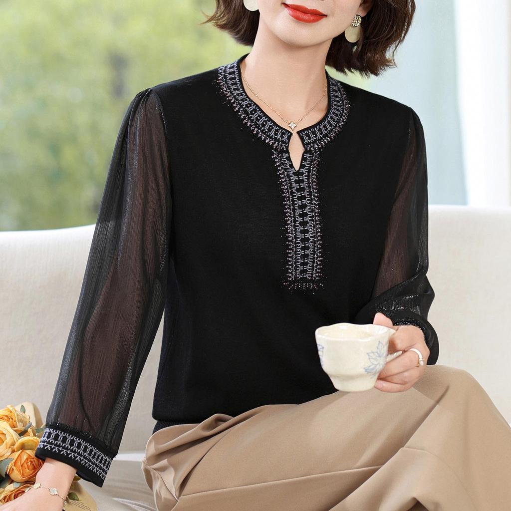 Schickes Herbst-Rundhals-Langarm-T-Shirt für Frauen mittleren Alters & ältere Frauen - Stilvolles Strickoberteil mit Gaze-Ärmeln