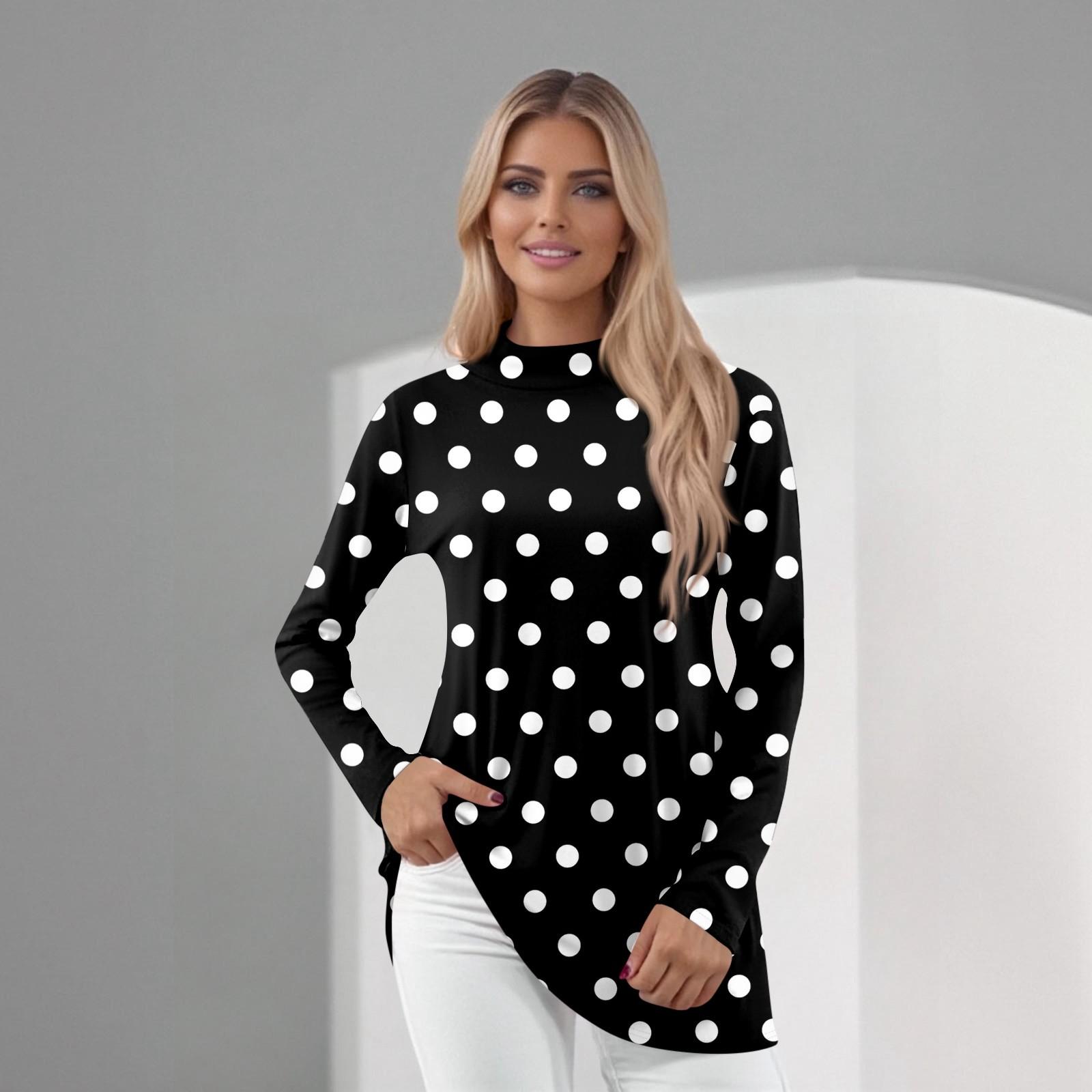 

Women’s Long Sleeve Polka Dot Print Mock Neck Top Casual Loose Fit Pullover Soft Lightweight Blouse for Everyday Wear XXXL