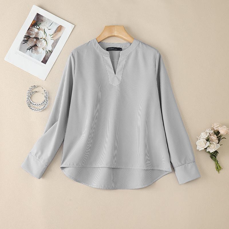 ZANZEA Camicetta casual da donna a righe con scollo a V larga a maniche lunghe