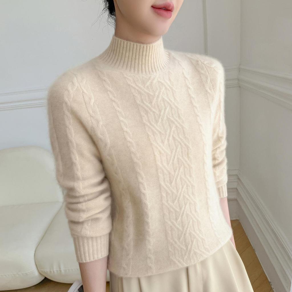 2025 Autumn/Winter Women's Thick Cashmere Half-High Collar Loose Cable Knit Sweater
