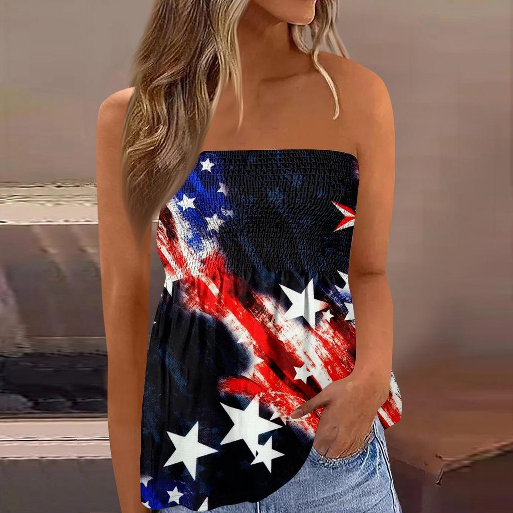 Topy tubowe dla kobiet, słodka seksowna koszulka bez rękawów z odkrytymi ramionami i nadrukiem Dnia Niepodległości