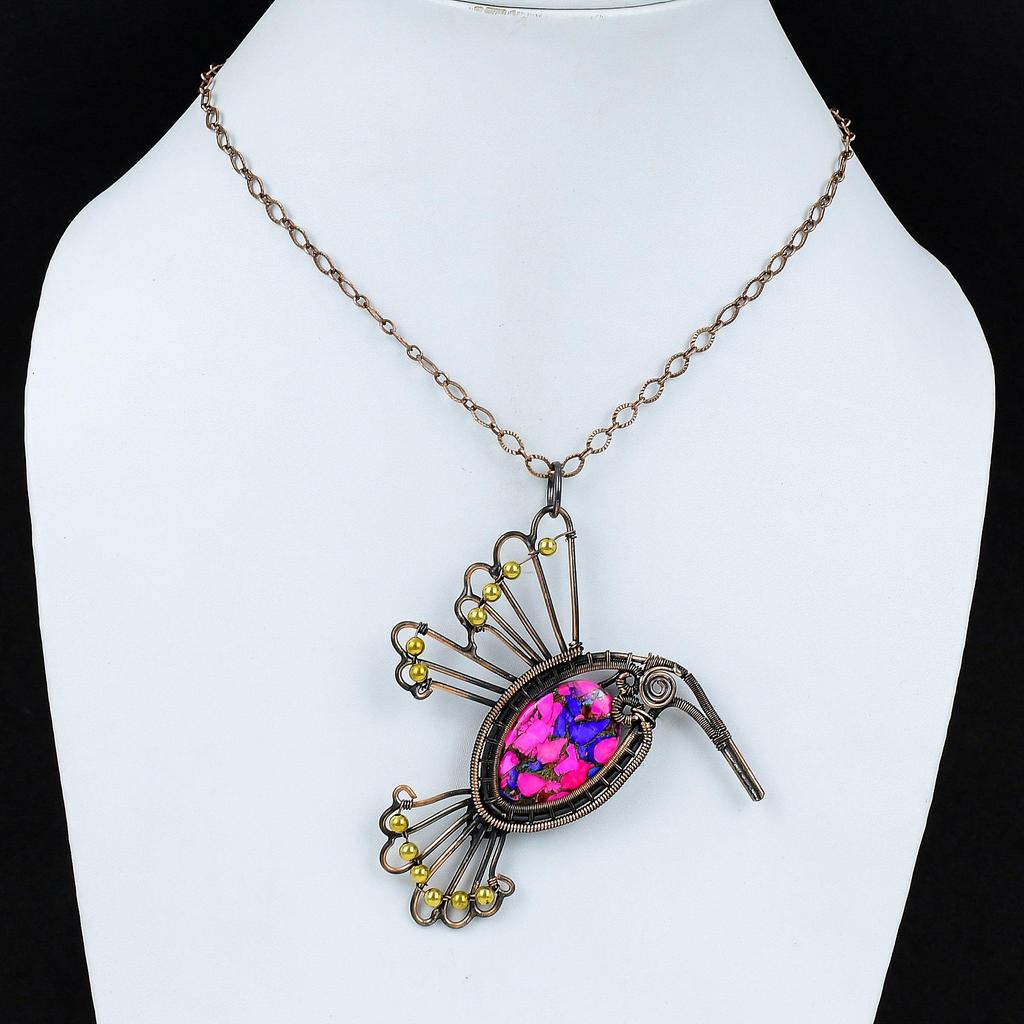 Natural Kingman Pink Dahlia Turquoise Pendant Copper Wire Wrapped Jewelry Gemstone Copper Pendant Handmade Pendant Wire Wrapped Bird Jewelry