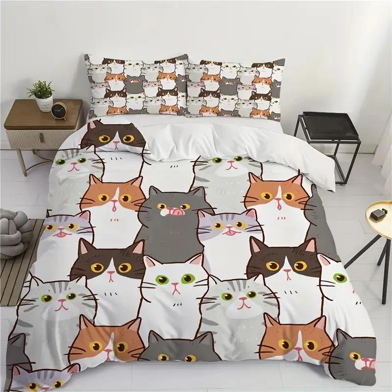 Cute Love Cat 3Pcs Bedding Set 3D Digital Printed Duvet Cover Set Soft Comfortable Breathable Decor For Bedroom, Dorm Lover Gift