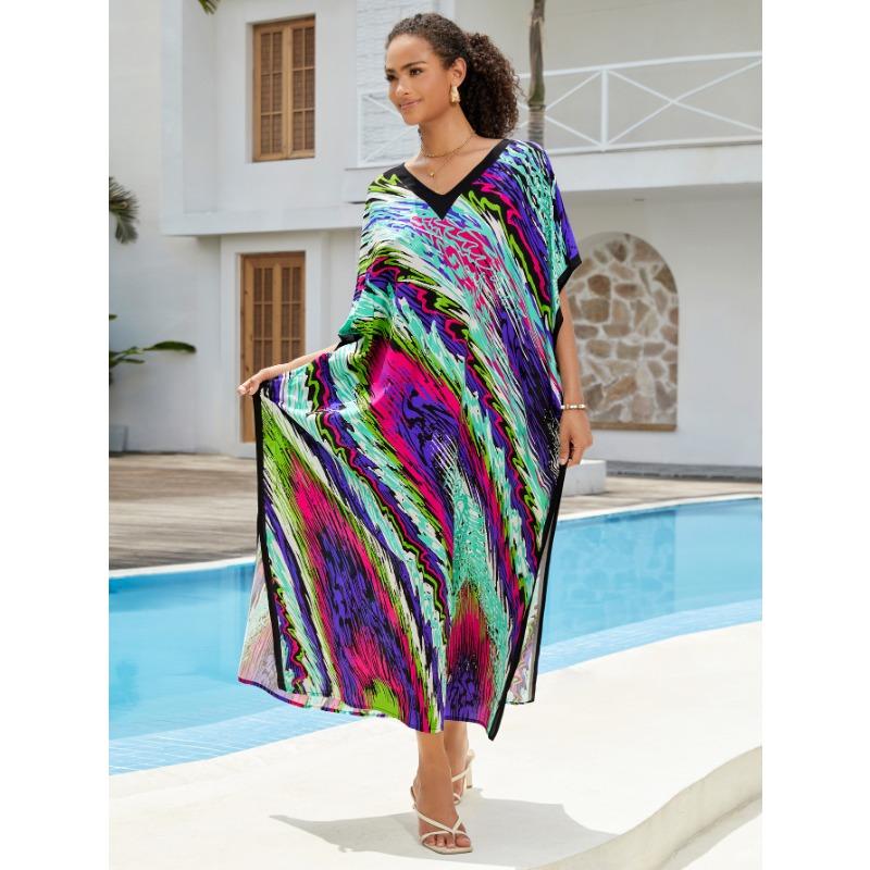Plus Size Beach Print Dress for Women Bat Sleeve Bikini Suntan Cover Up