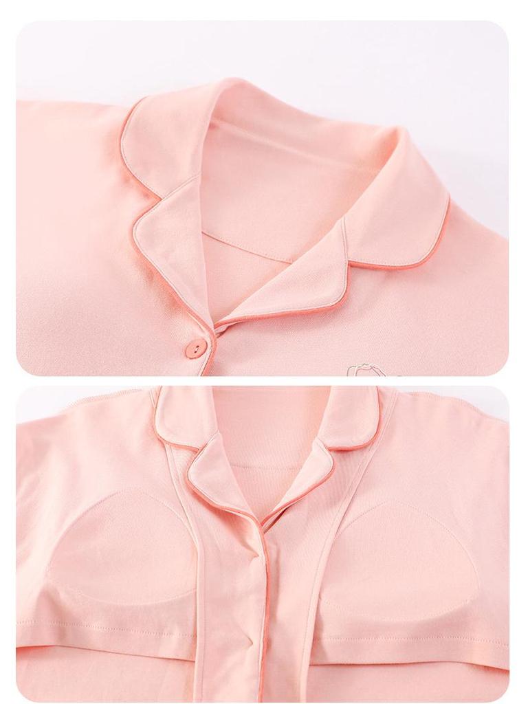 Women's Cotton Cardigan Two-Piece Set with Chest Pads: Sweet & Casual Long Sleeve Home Wear for Spring & Autumn