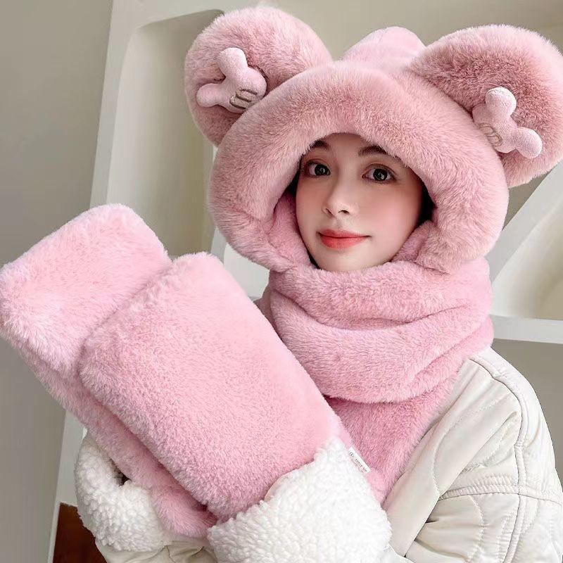 Bear hat women's winter versatile scarf integrated thickened cute cycling ear protection warm scarf three-piece set