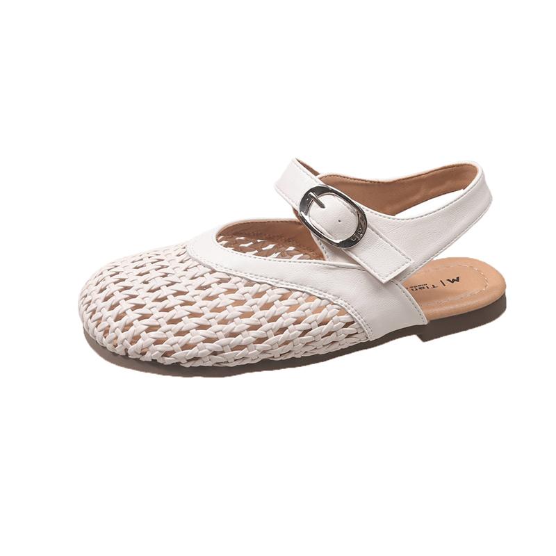 

2025 Летние новые римские сандалии женские туфли Мэри Джейн на одной пуговице с перфорацией, дышащие, плетеные, серебристые, на плоской подошве 36 слоновая кость
