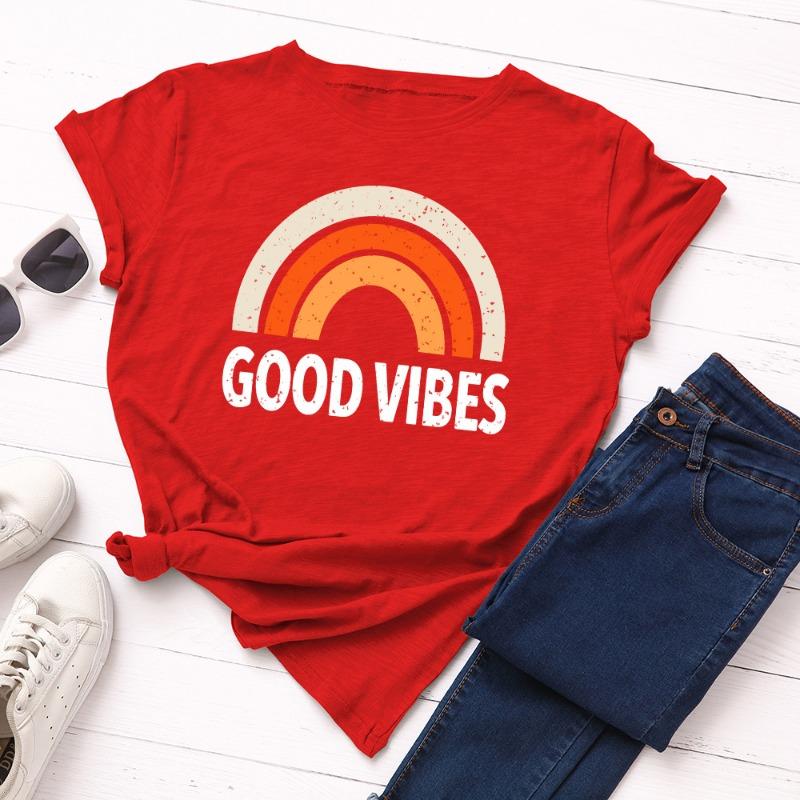 

Літні жіночі футболки з чистої бавовни з принтом веселки GOOD VIBES, вільні, з круглим вирізом, з коротким рукавом S червоний