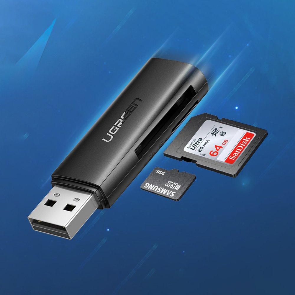 Ugreen CM264 USB 3.0 Dual Slot SD/TF Memory Card Reader - Black, High-Speed Data Transfer