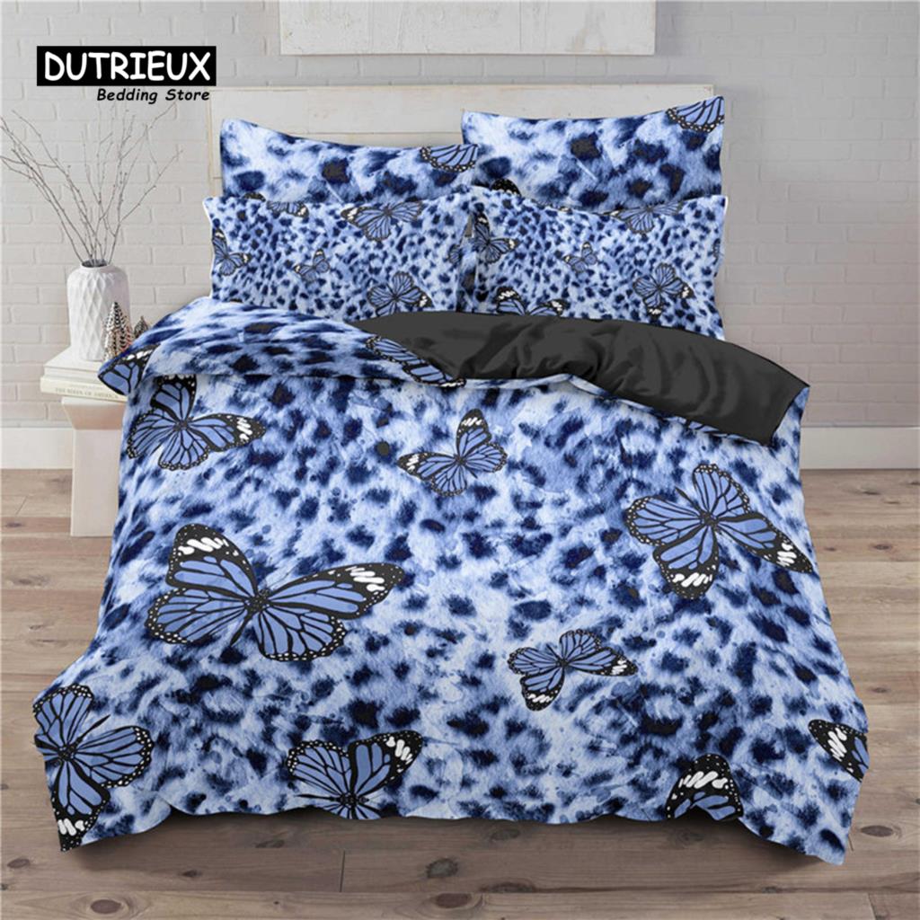 Soft Butterfly Bedding Set Microfiber Leopard Print Background Duvet Cover Set For Adult Bedroom Decor As Greetings and Presents