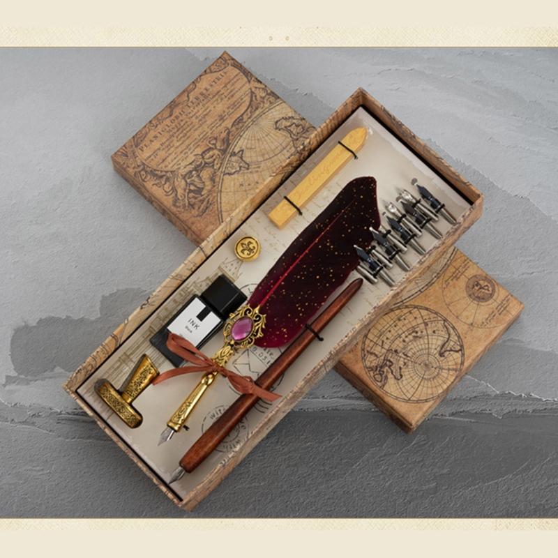 Exquisite Dip Pen Set Wax Stick Set Calligraphy Feather Pen Kit 10Pcs Replacement Nibs for Invitations Letters Writing